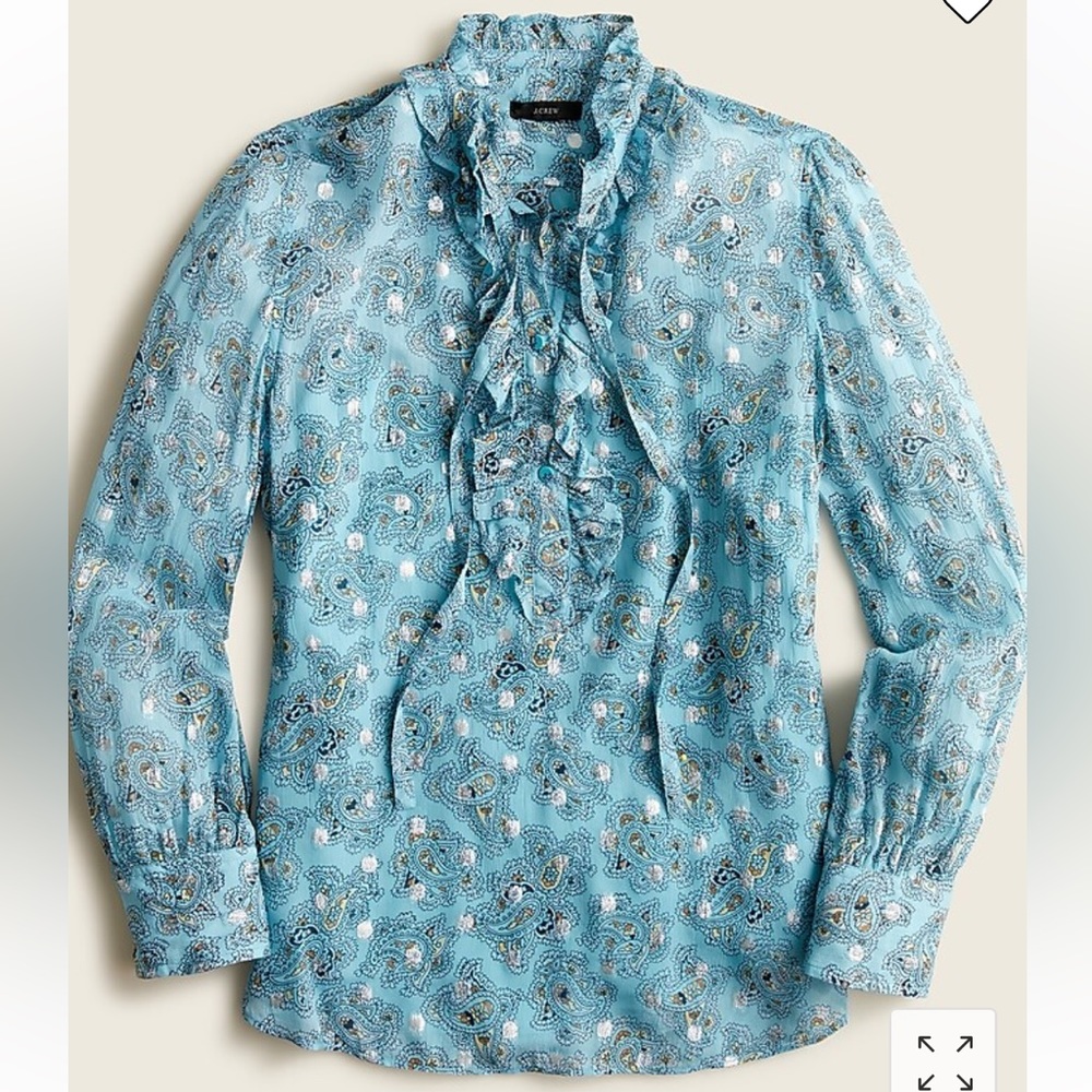 J Crew‎ Metallic Chiffon Ruffle Neck blouse Paisley Bunch silver long sleeve tie